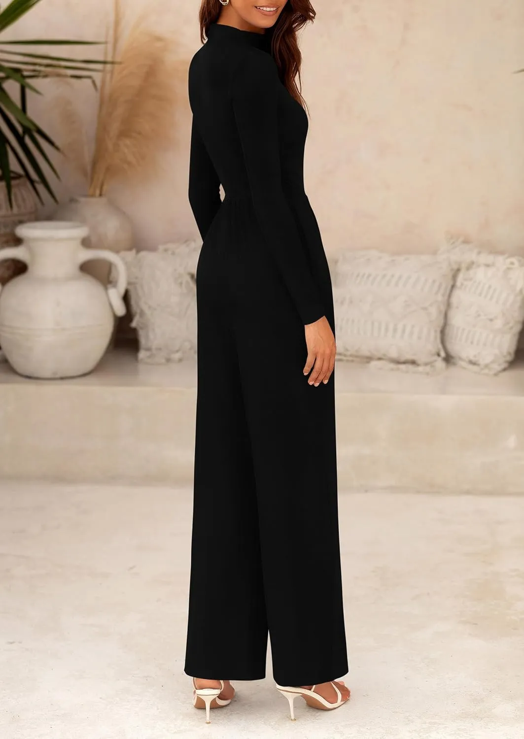 PRETTYGARDEN Womens Jumpsuit Dressy Casual Spring Fall Fashion One Piece Outfits Long Sleeve Mock Neck Wide Leg Pants Rompers