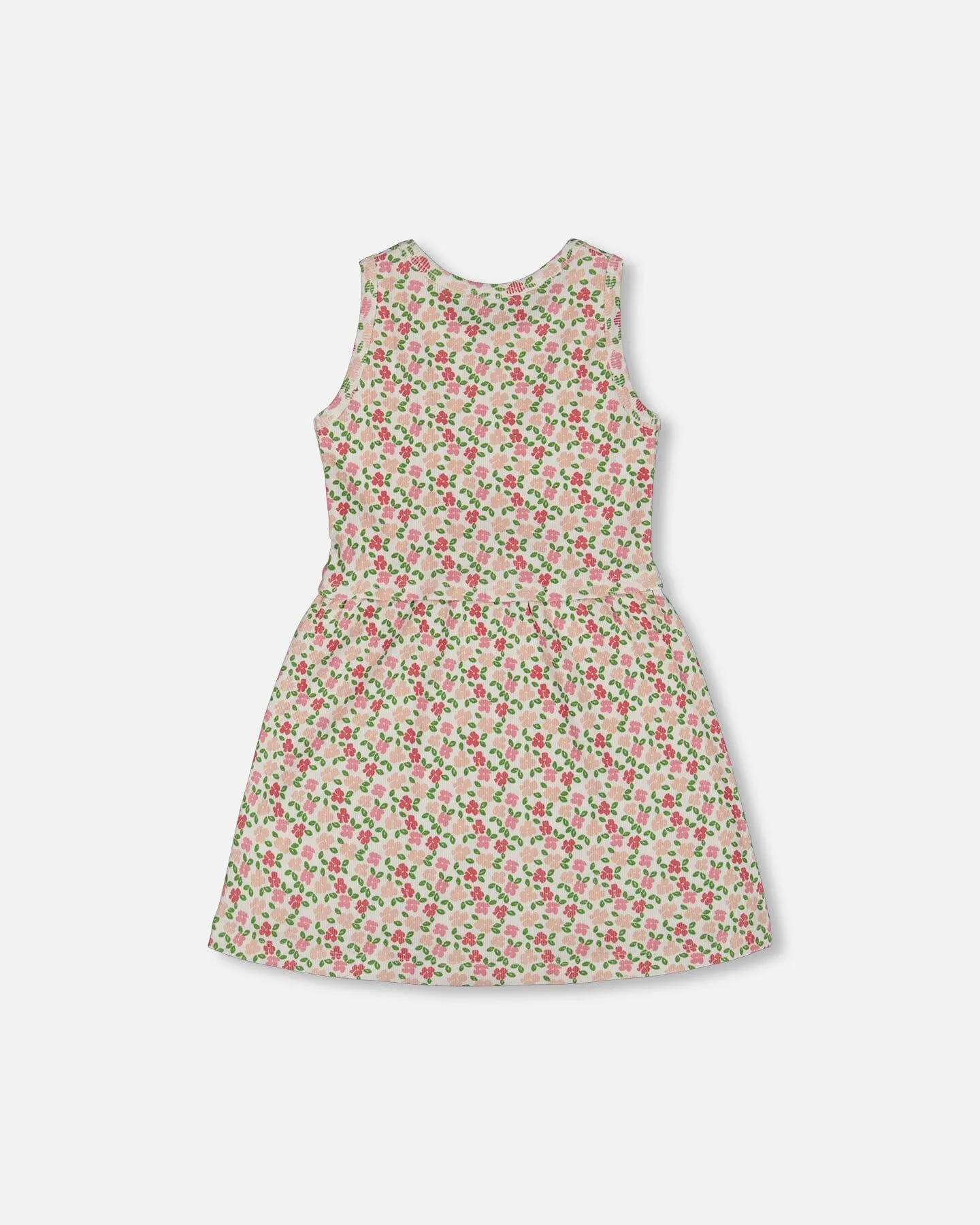 Printed Ribbed Dress With Waist Tie Small Flowers On White