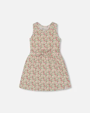 Printed Ribbed Dress With Waist Tie Small Flowers On White