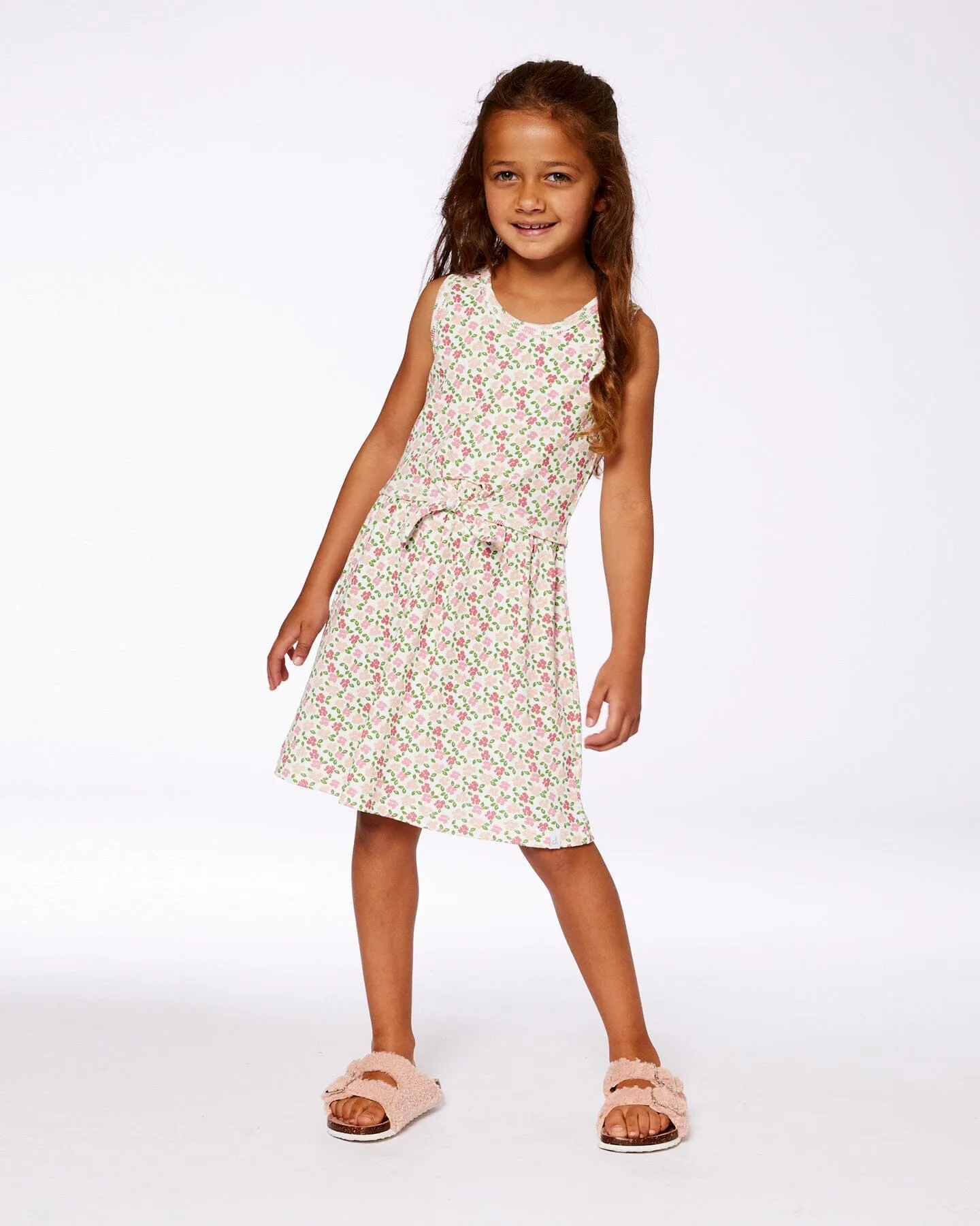 Printed Ribbed Dress With Waist Tie Small Flowers On White