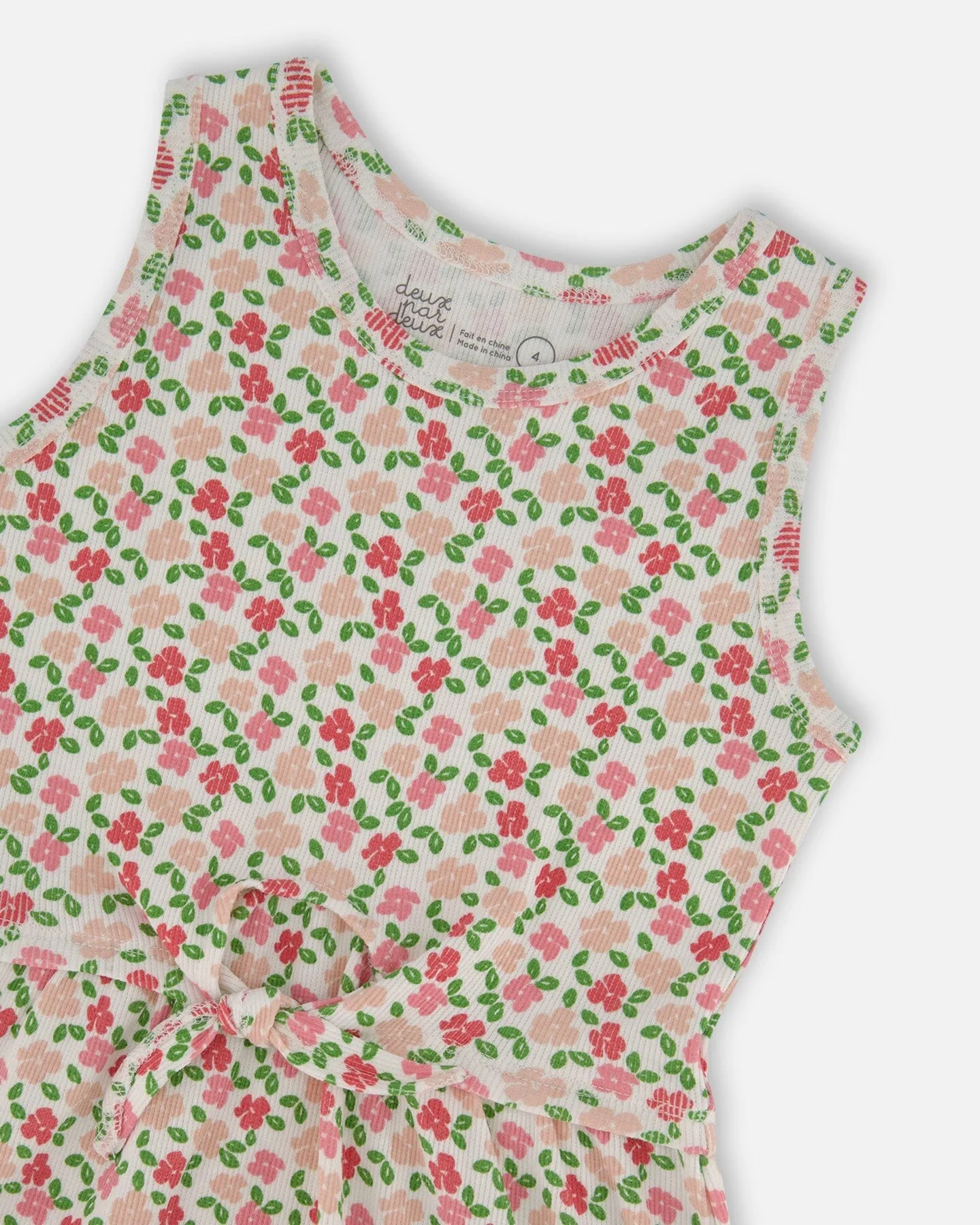 Printed Ribbed Dress With Waist Tie Small Flowers On White