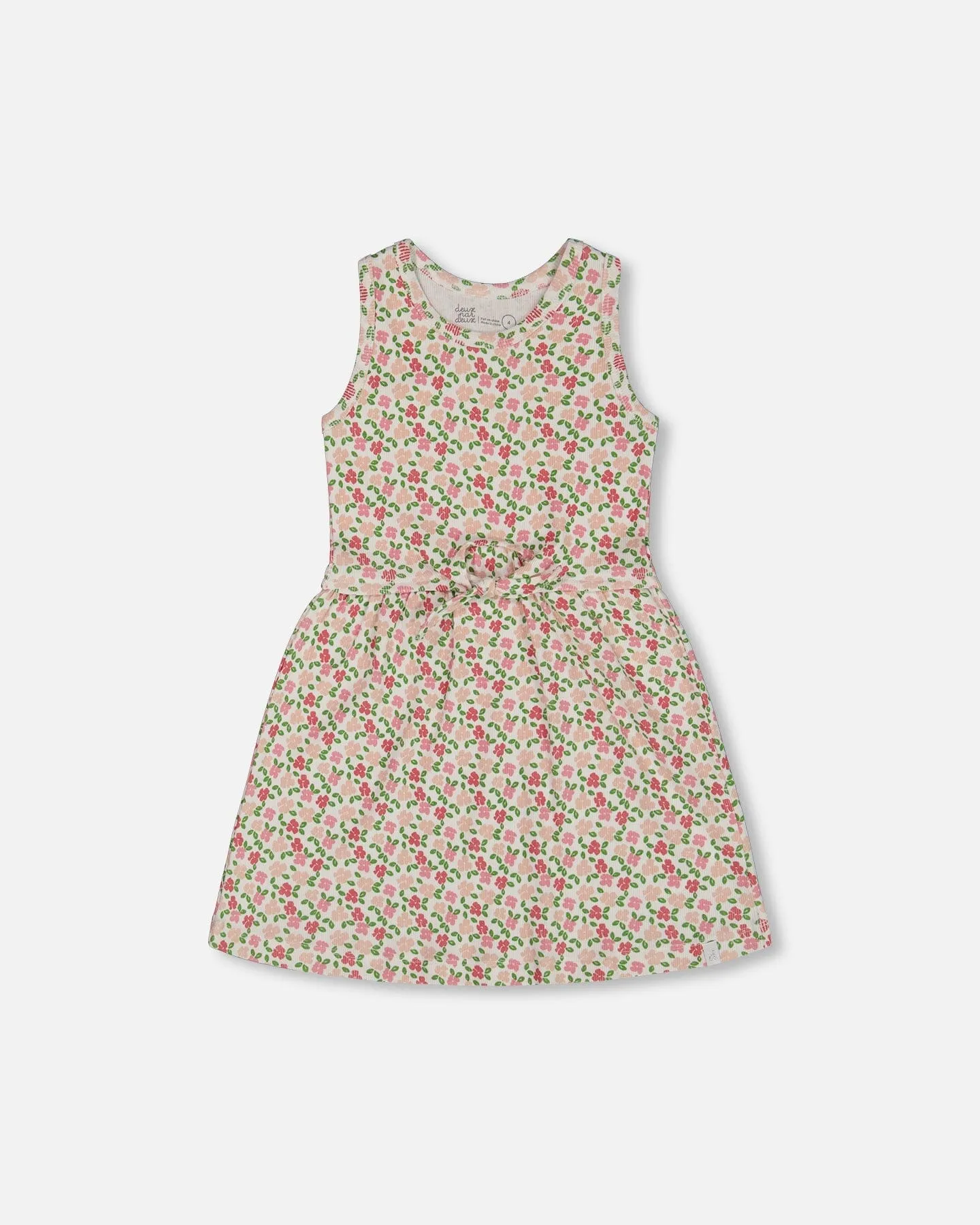 Printed Ribbed Dress With Waist Tie Small Flowers On White