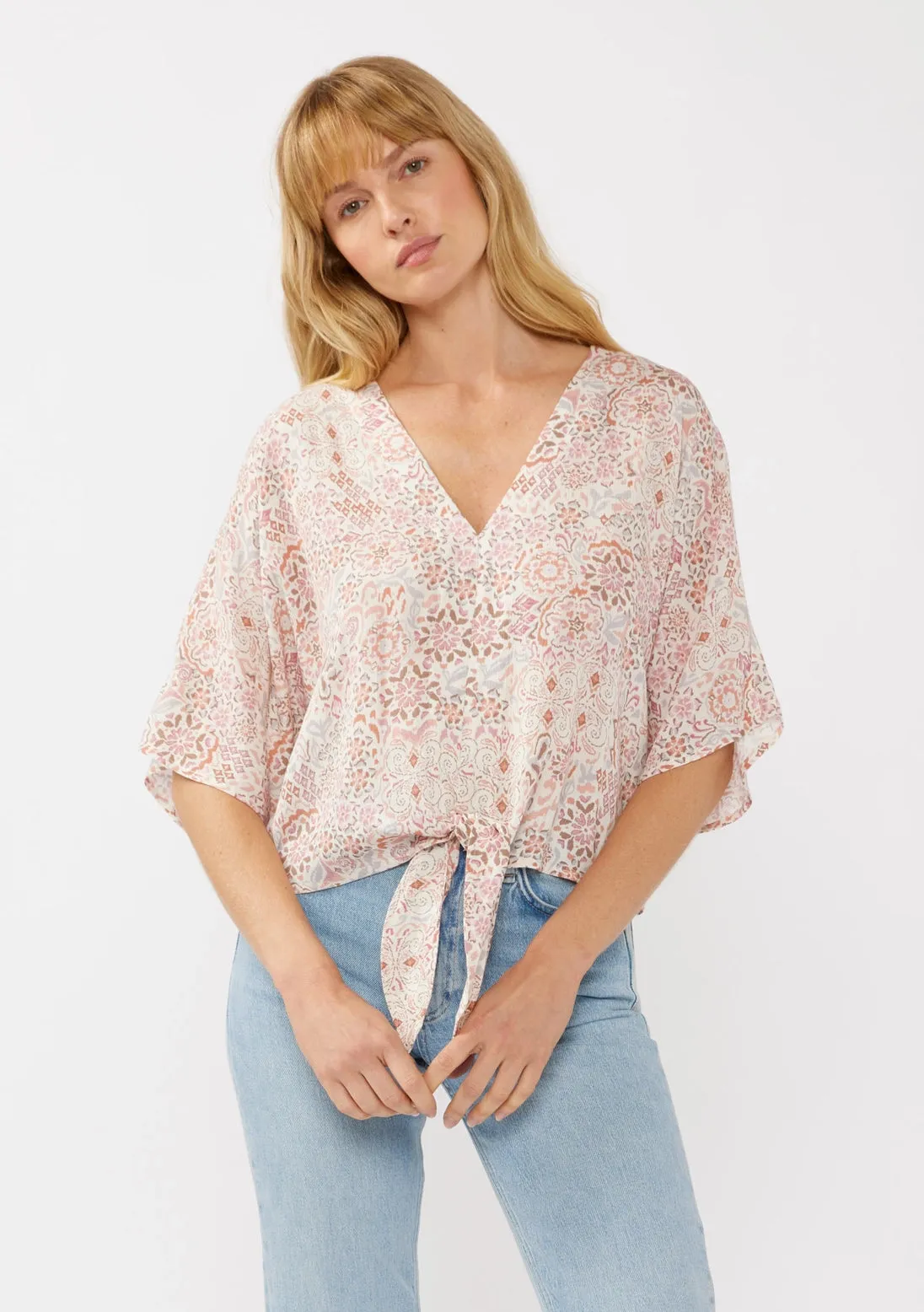 Short Sleeves Kimono Tie-Front Top Natural/Dusty Pink