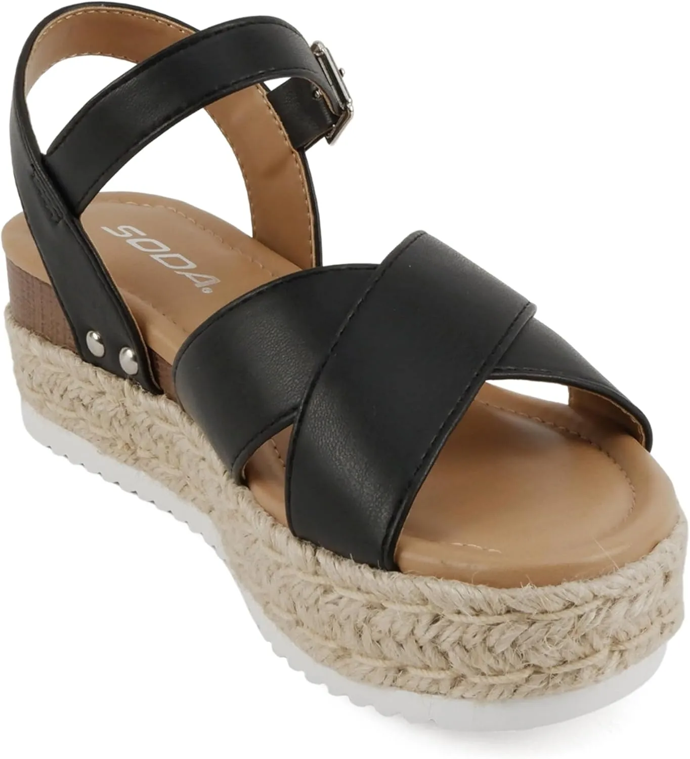 Soda FIRELY ~ Women Round Toe Crisscross Band Platform Espadrille Wedge Sandal with Adjustable Ankle Strap