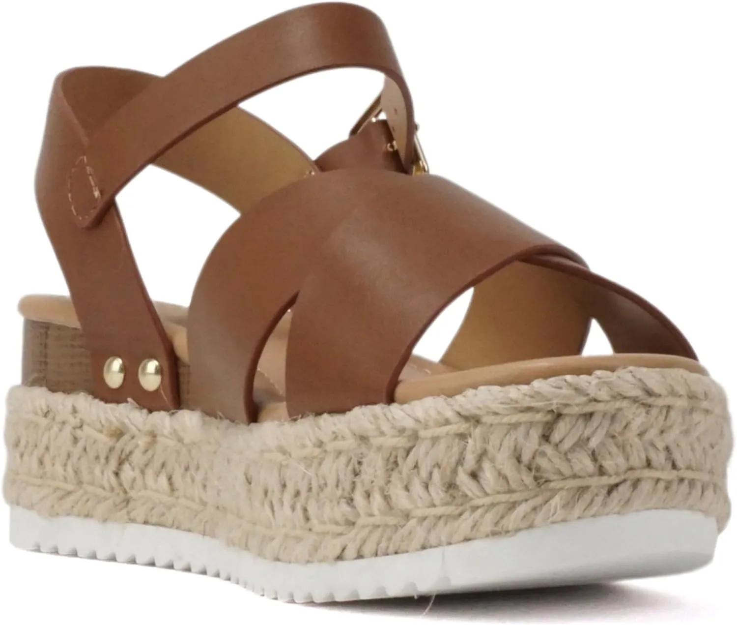 Soda FIRELY ~ Women Round Toe Crisscross Band Platform Espadrille Wedge Sandal with Adjustable Ankle Strap