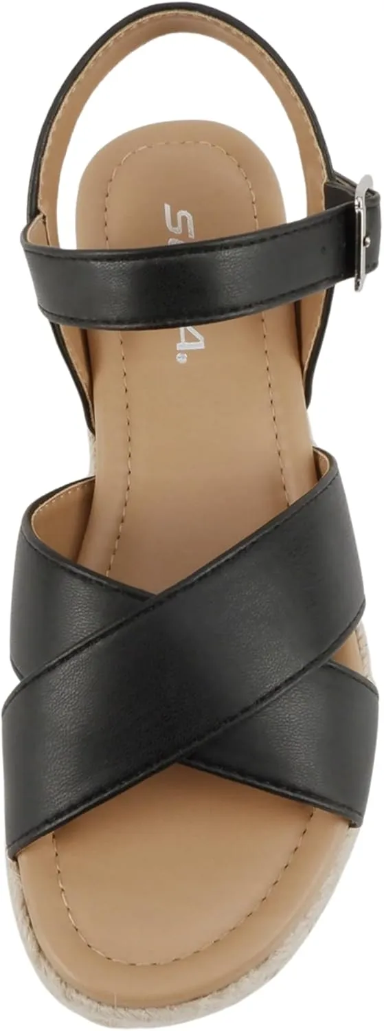 Soda FIRELY ~ Women Round Toe Crisscross Band Platform Espadrille Wedge Sandal with Adjustable Ankle Strap