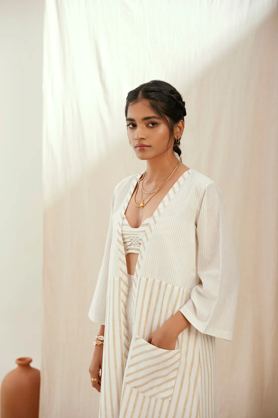 Stripe printed cotton jacket set