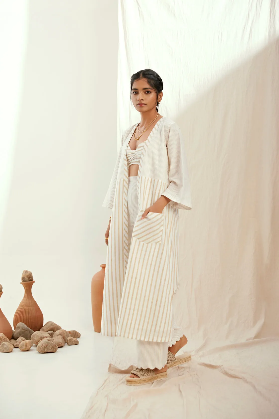 Stripe printed cotton jacket set