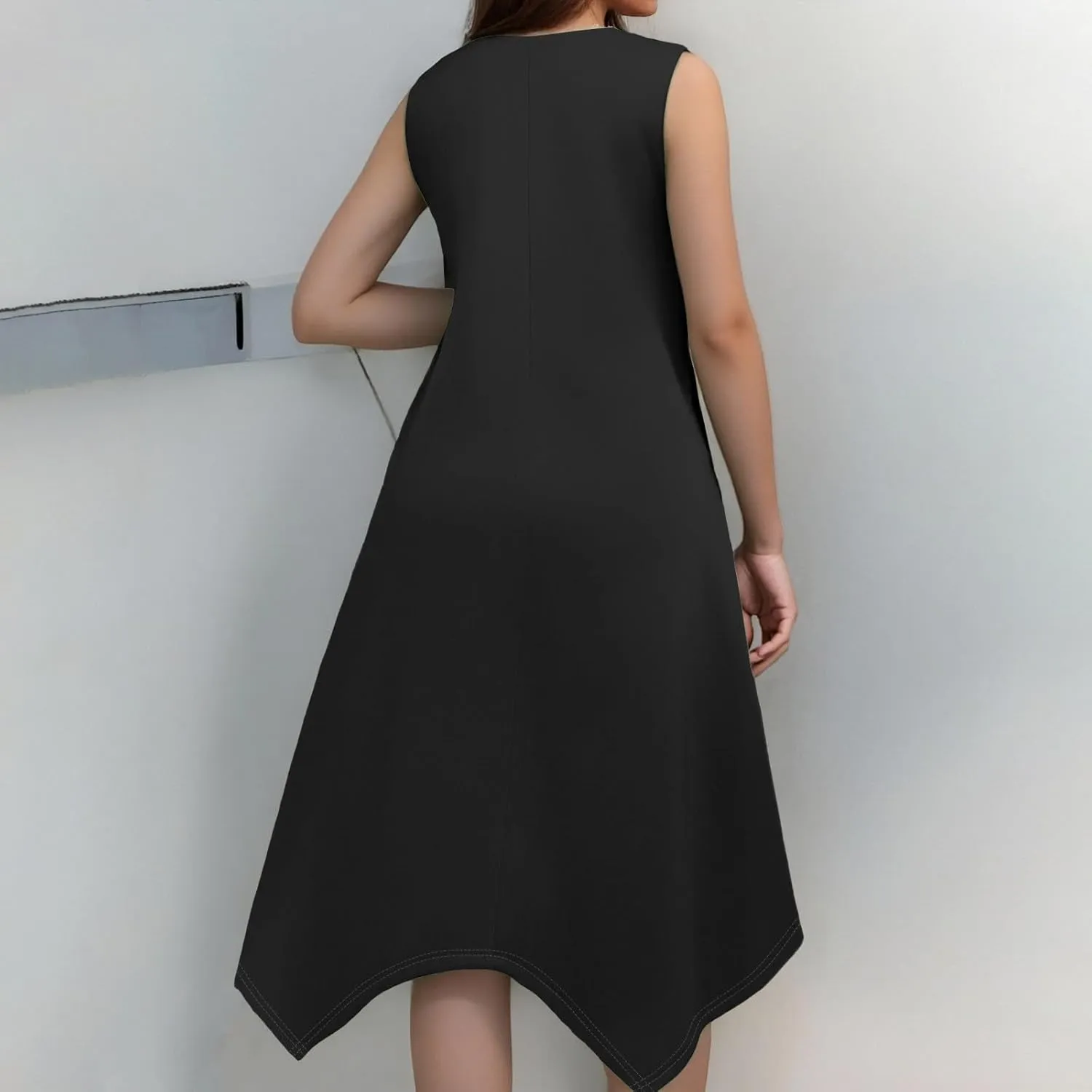 Summer Dresses for Women 2025 Casual Fashion Round Neck Sleeveless Solid Irregular Hem Midi Dress