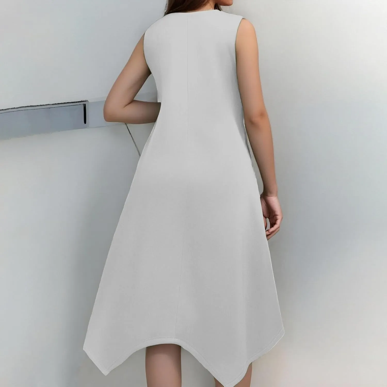 Summer Dresses for Women 2025 Casual Fashion Round Neck Sleeveless Solid Irregular Hem Midi Dress