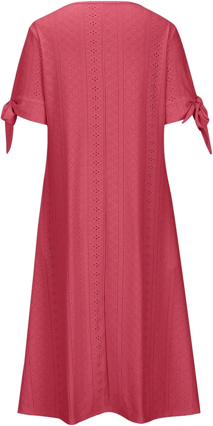 Summer Eyelet Dresses for Women Boho 2025 Trendy V Neck Short Sleeve Maxi Dress Casual Spring Beach Vacation Outfits
