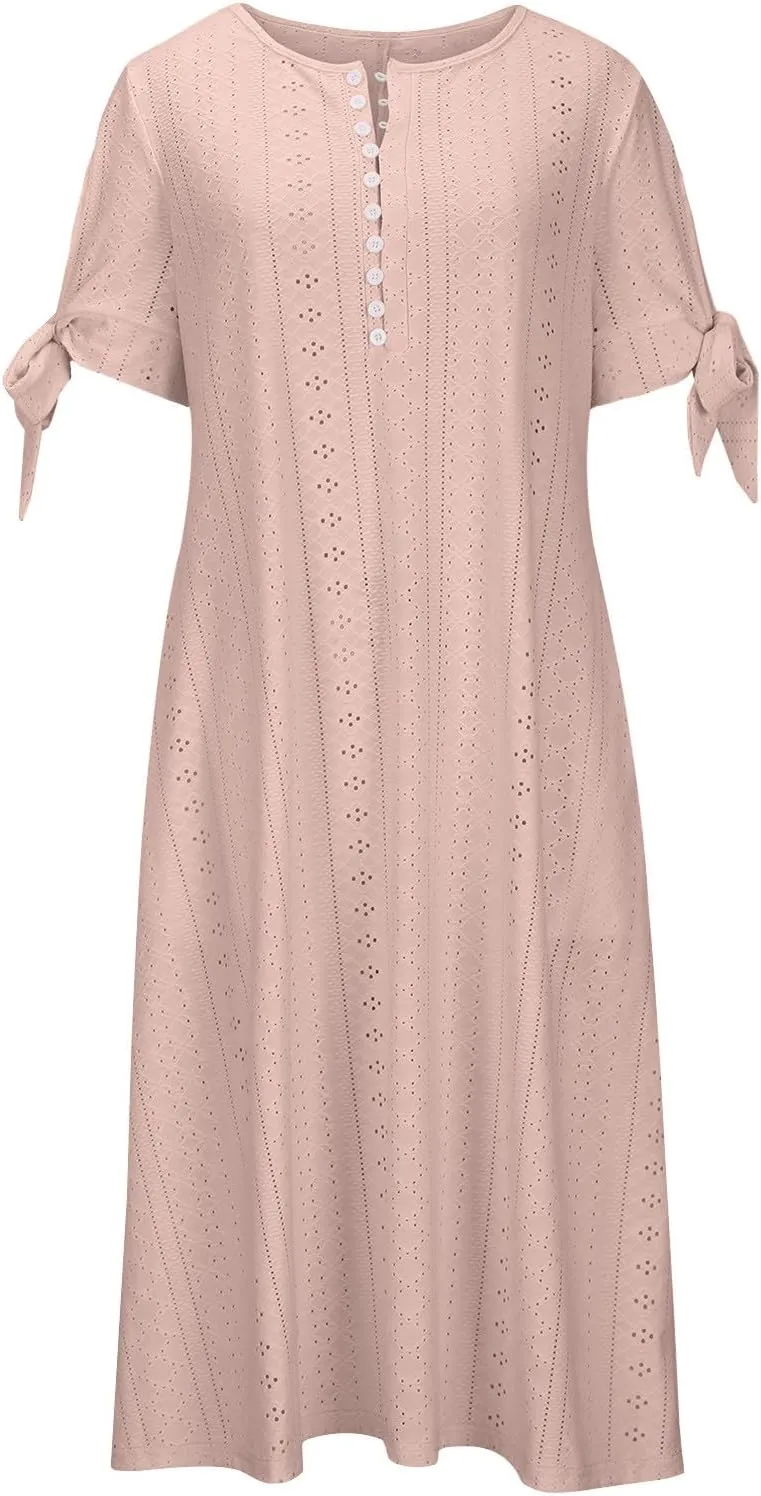 Summer Eyelet Dresses for Women Boho 2025 Trendy V Neck Short Sleeve Maxi Dress Casual Spring Beach Vacation Outfits