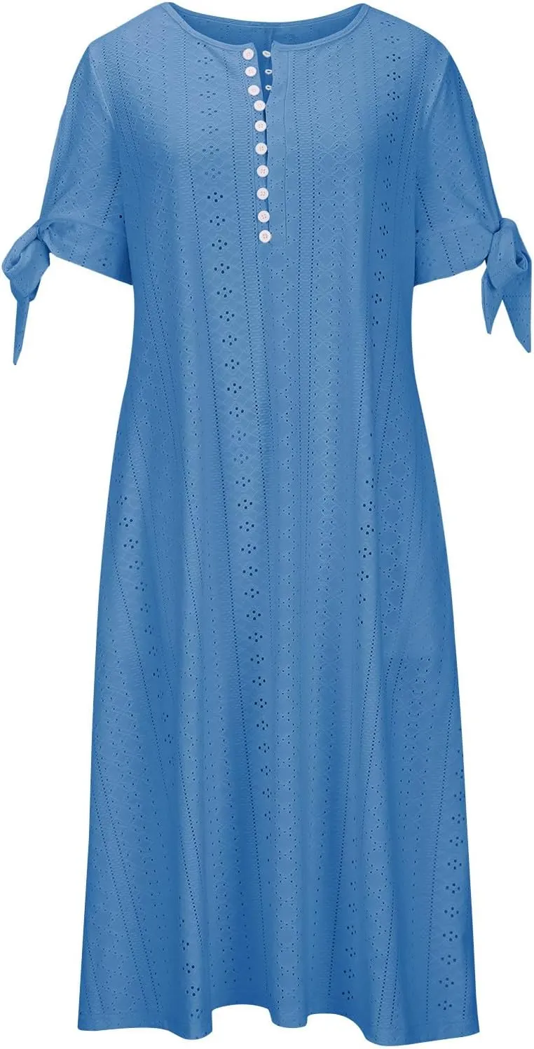 Summer Eyelet Dresses for Women Boho 2025 Trendy V Neck Short Sleeve Maxi Dress Casual Spring Beach Vacation Outfits