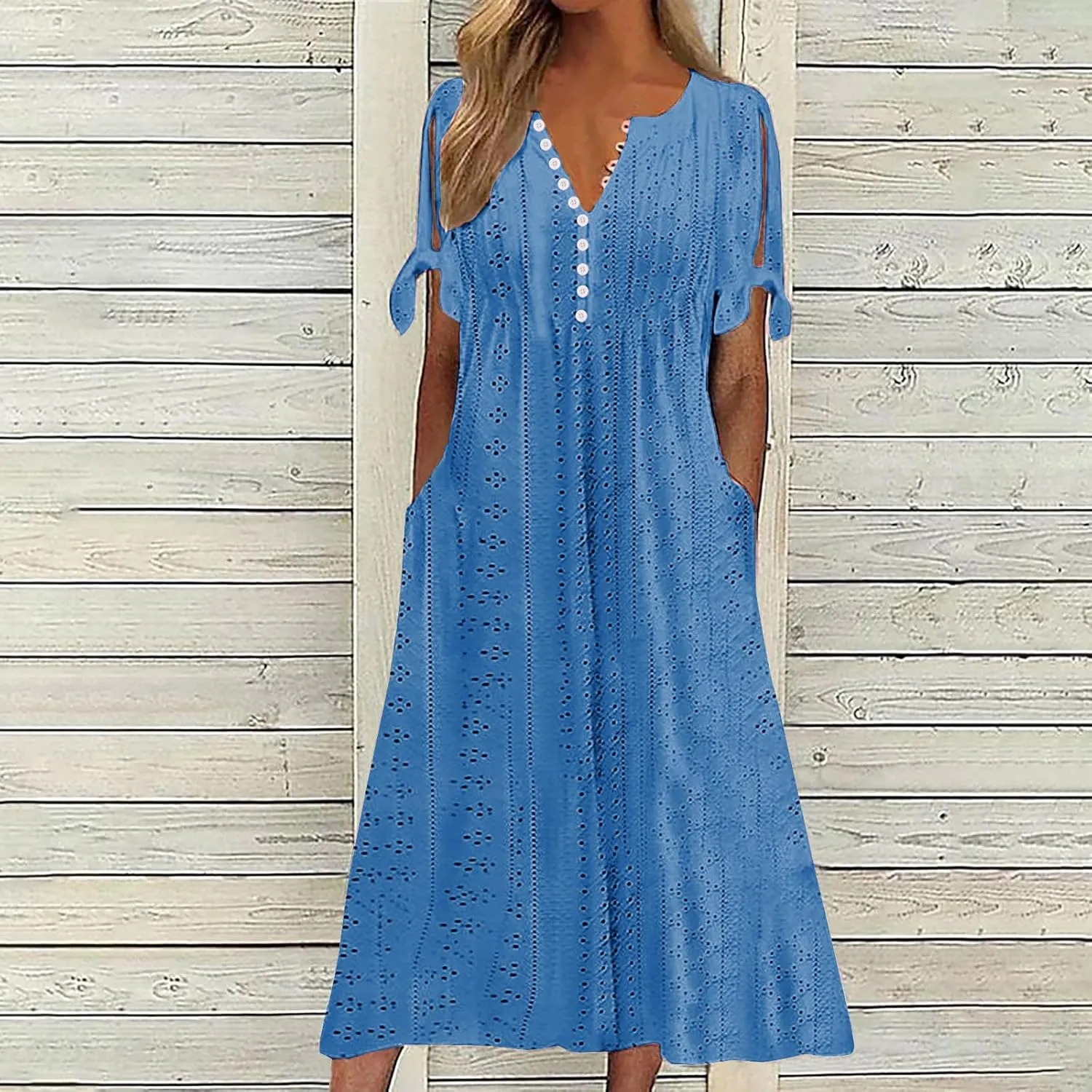 Summer Eyelet Dresses for Women Boho 2025 Trendy V Neck Short Sleeve Maxi Dress Casual Spring Beach Vacation Outfits