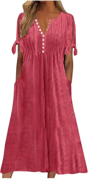 Summer Eyelet Dresses for Women Boho 2025 Trendy V Neck Short Sleeve Maxi Dress Casual Spring Beach Vacation Outfits