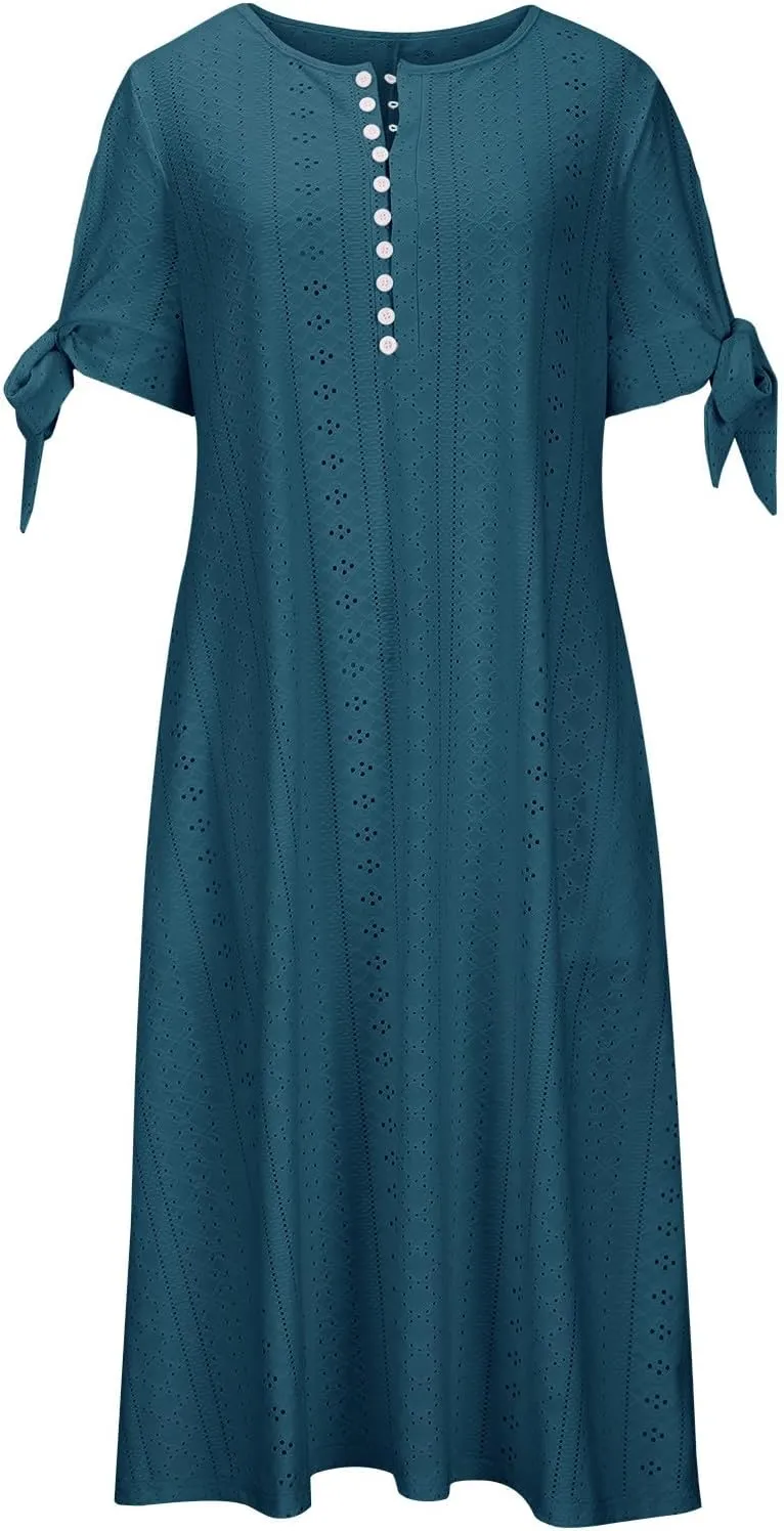 Summer Eyelet Dresses for Women Boho 2025 Trendy V Neck Short Sleeve Maxi Dress Casual Spring Beach Vacation Outfits