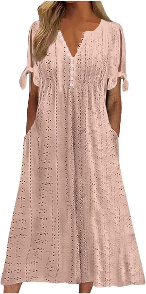 Summer Eyelet Dresses for Women Boho 2025 Trendy V Neck Short Sleeve Maxi Dress Casual Spring Beach Vacation Outfits