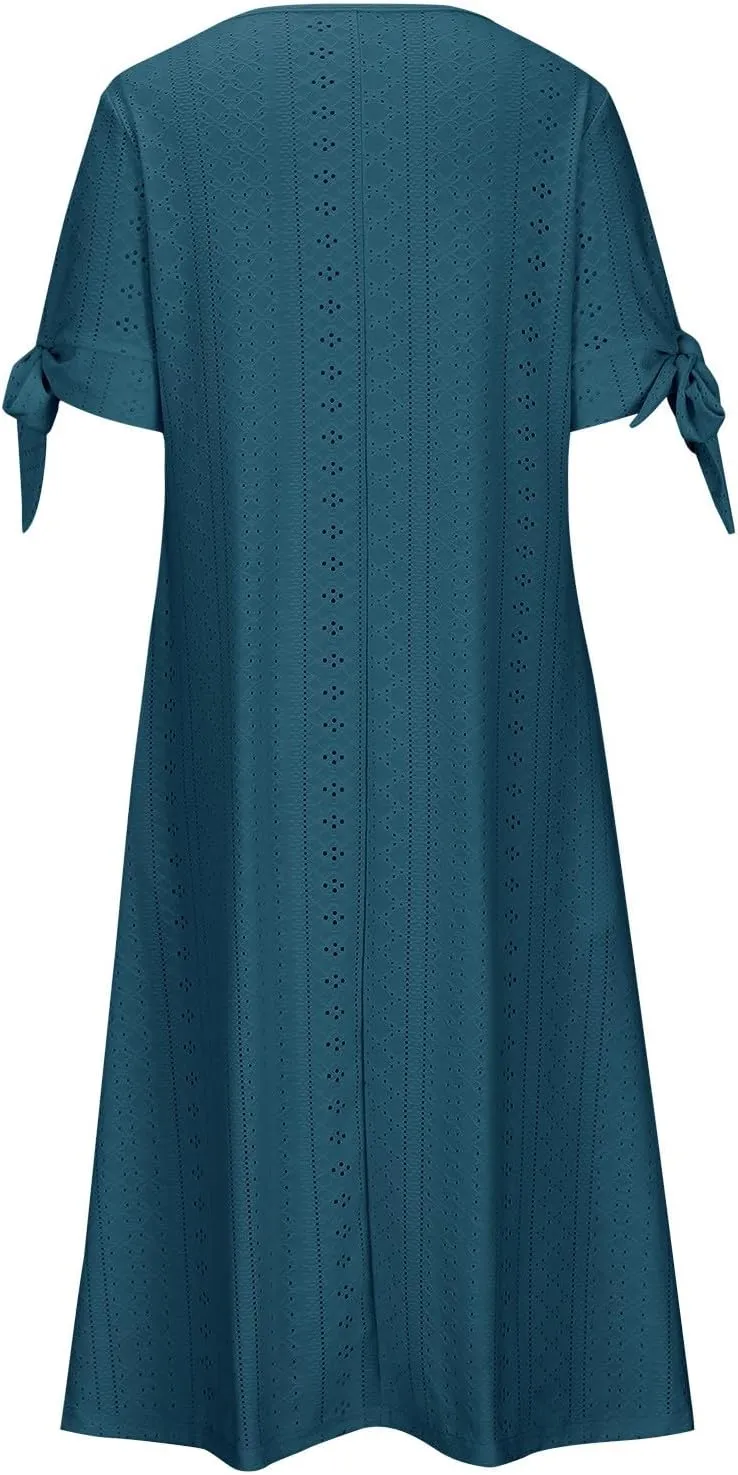 Summer Eyelet Dresses for Women Boho 2025 Trendy V Neck Short Sleeve Maxi Dress Casual Spring Beach Vacation Outfits