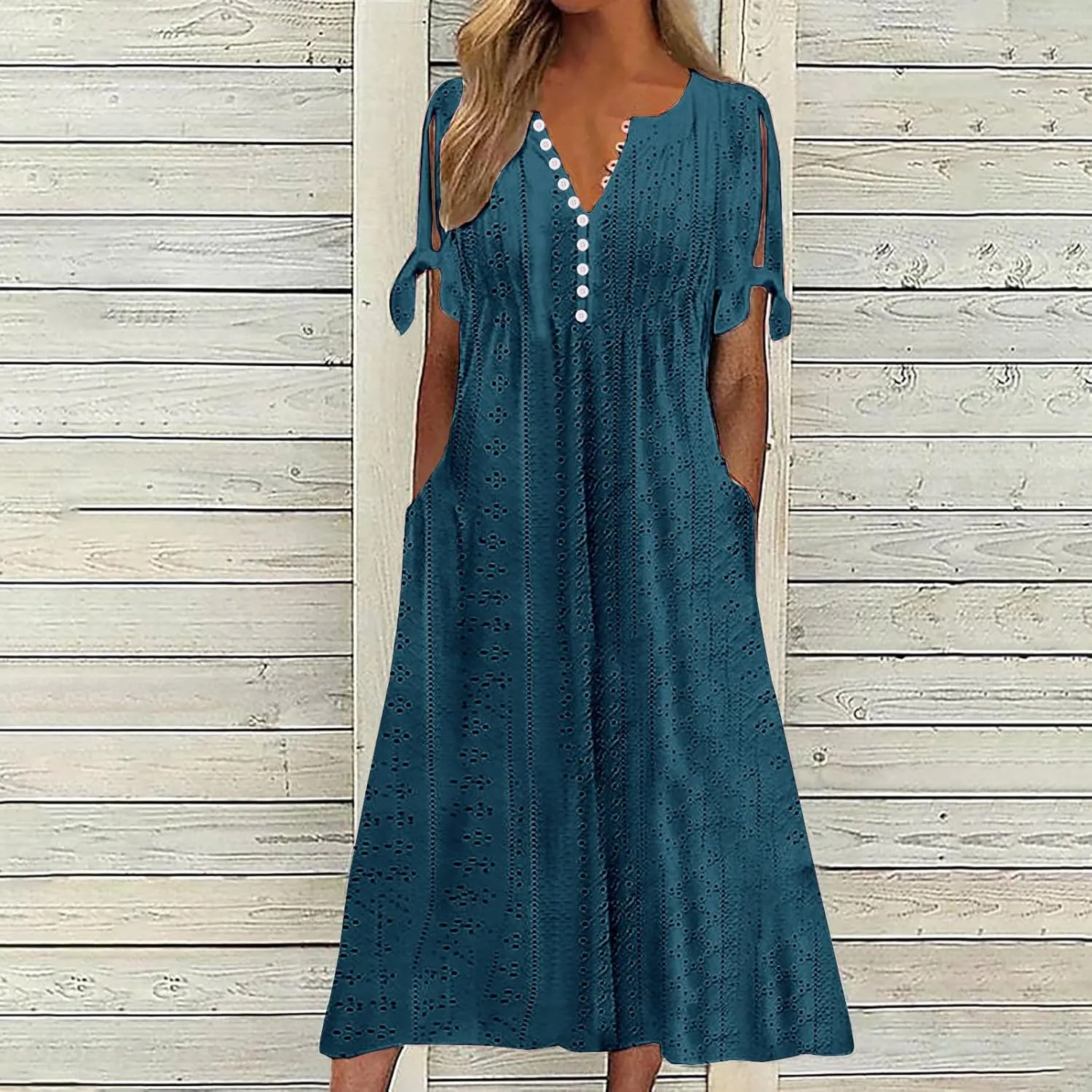 Summer Eyelet Dresses for Women Boho 2025 Trendy V Neck Short Sleeve Maxi Dress Casual Spring Beach Vacation Outfits
