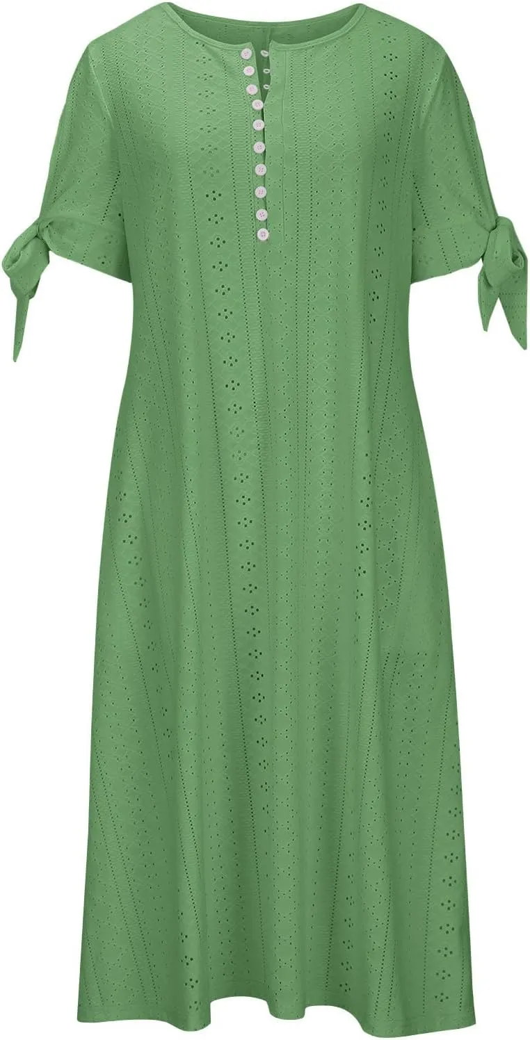 Summer Eyelet Dresses for Women Boho 2025 Trendy V Neck Short Sleeve Maxi Dress Casual Spring Beach Vacation Outfits