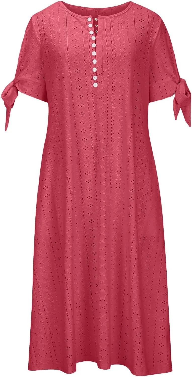 Summer Eyelet Dresses for Women Boho 2025 Trendy V Neck Short Sleeve Maxi Dress Casual Spring Beach Vacation Outfits