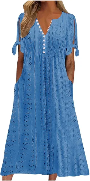 Summer Eyelet Dresses for Women Boho 2025 Trendy V Neck Short Sleeve Maxi Dress Casual Spring Beach Vacation Outfits