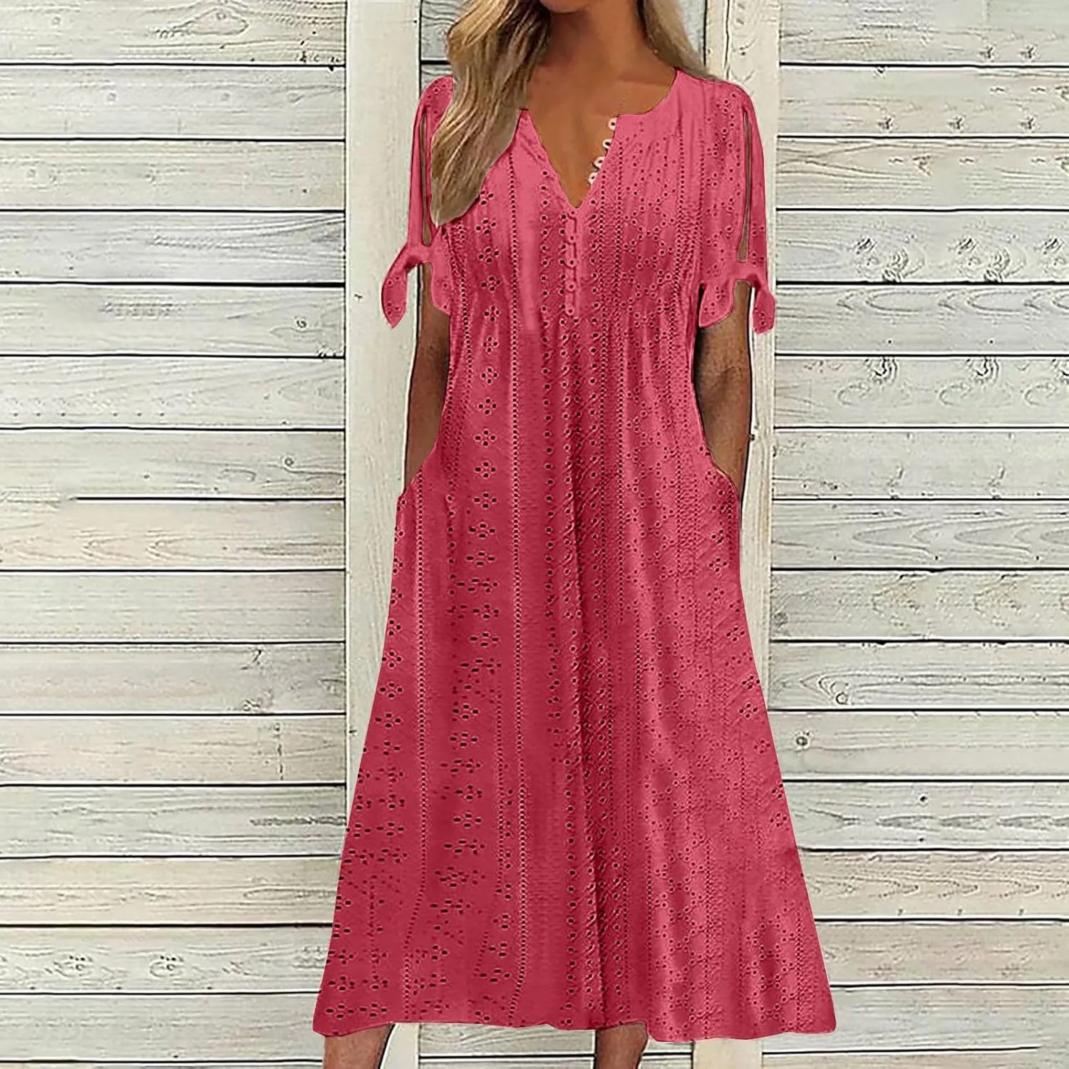 Summer Eyelet Dresses for Women Boho 2025 Trendy V Neck Short Sleeve Maxi Dress Casual Spring Beach Vacation Outfits