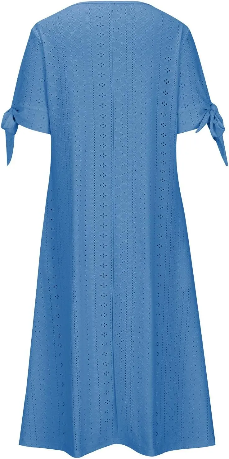 Summer Eyelet Dresses for Women Boho 2025 Trendy V Neck Short Sleeve Maxi Dress Casual Spring Beach Vacation Outfits