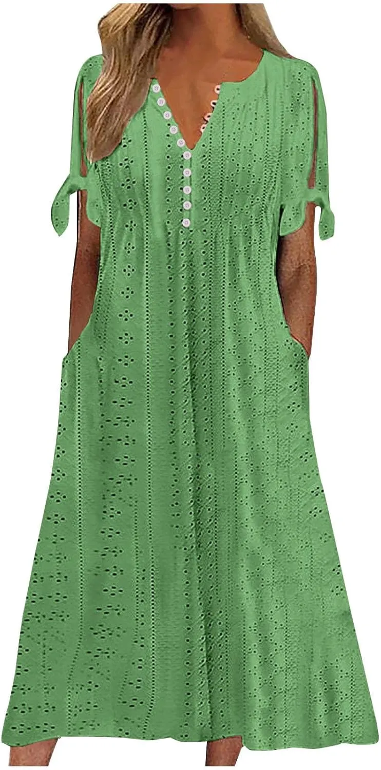 Summer Eyelet Dresses for Women Boho 2025 Trendy V Neck Short Sleeve Maxi Dress Casual Spring Beach Vacation Outfits