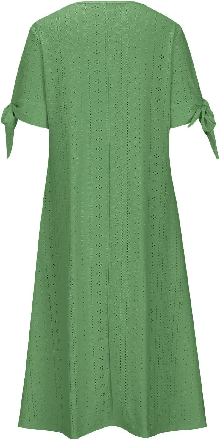 Summer Eyelet Dresses for Women Boho 2025 Trendy V Neck Short Sleeve Maxi Dress Casual Spring Beach Vacation Outfits