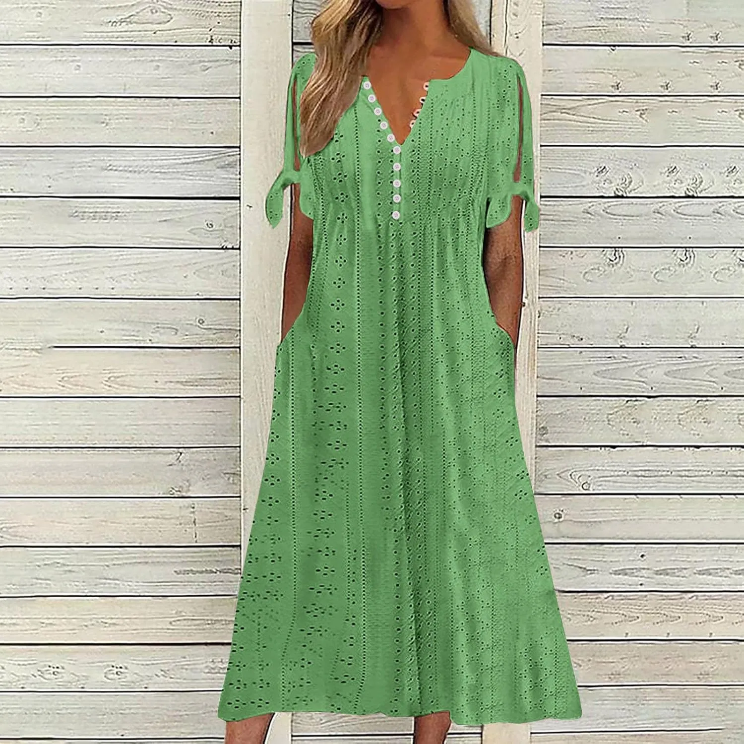 Summer Eyelet Dresses for Women Boho 2025 Trendy V Neck Short Sleeve Maxi Dress Casual Spring Beach Vacation Outfits