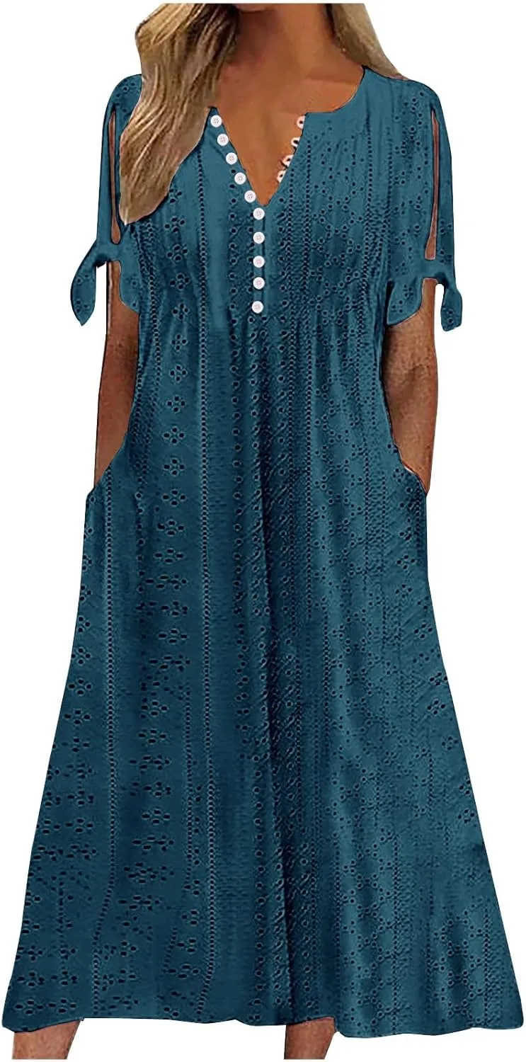 Summer Eyelet Dresses for Women Boho 2025 Trendy V Neck Short Sleeve Maxi Dress Casual Spring Beach Vacation Outfits