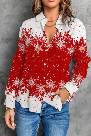 Womenn's Red and White Christmas Snowflake Collar Shift Casual Shirts