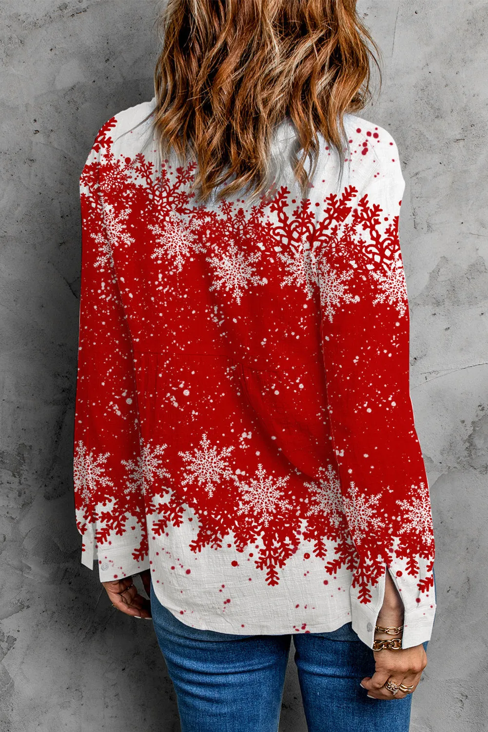 Womenn's Red and White Christmas Snowflake Collar Shift Casual Shirts