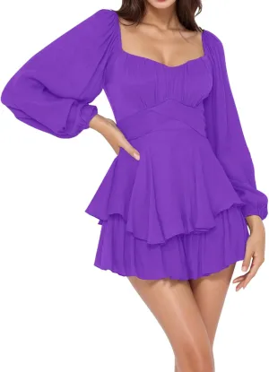 Women's 2025 Casual Long Sleeve Dresses Empire Waist Tie Back a Line Mini Dresses Layer Ruffle Hem Short Dresses