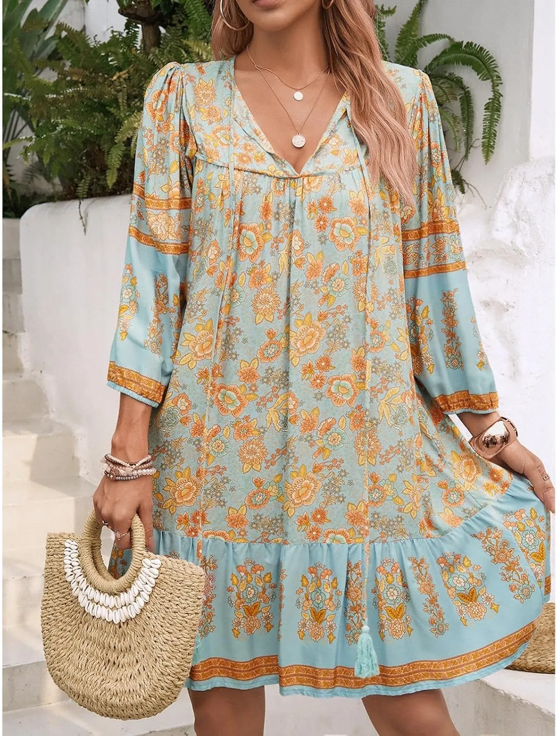 Women's Casual Spring Summer Dresses V Neck 3/4 Long Sleeve Ruffle Floral Flowy Boho Babydoll Mini Short Beach Dress