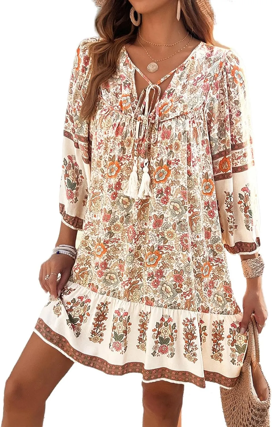 Women's Casual Spring Summer Dresses V Neck 3/4 Long Sleeve Ruffle Floral Flowy Boho Babydoll Mini Short Beach Dress