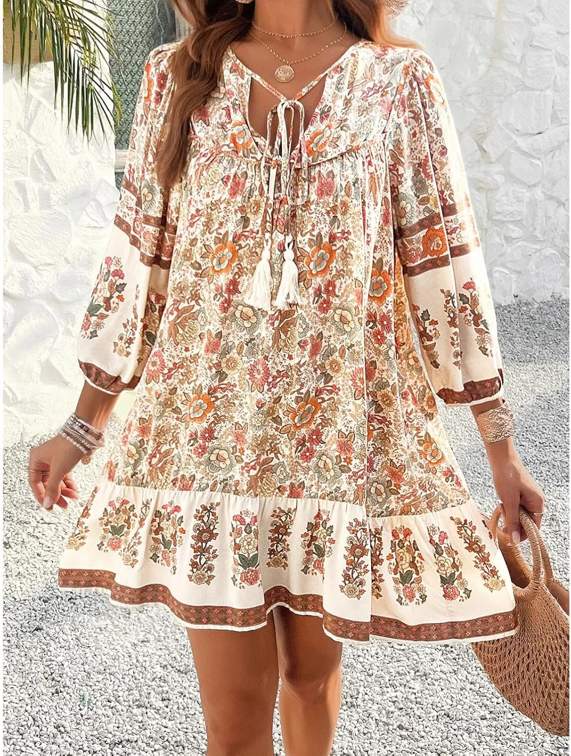 Women's Casual Spring Summer Dresses V Neck 3/4 Long Sleeve Ruffle Floral Flowy Boho Babydoll Mini Short Beach Dress