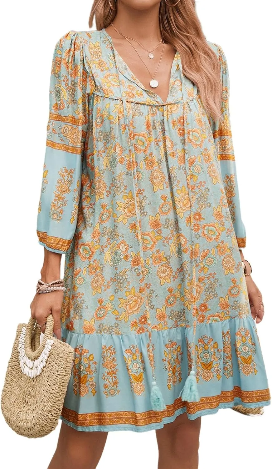 Women's Casual Spring Summer Dresses V Neck 3/4 Long Sleeve Ruffle Floral Flowy Boho Babydoll Mini Short Beach Dress