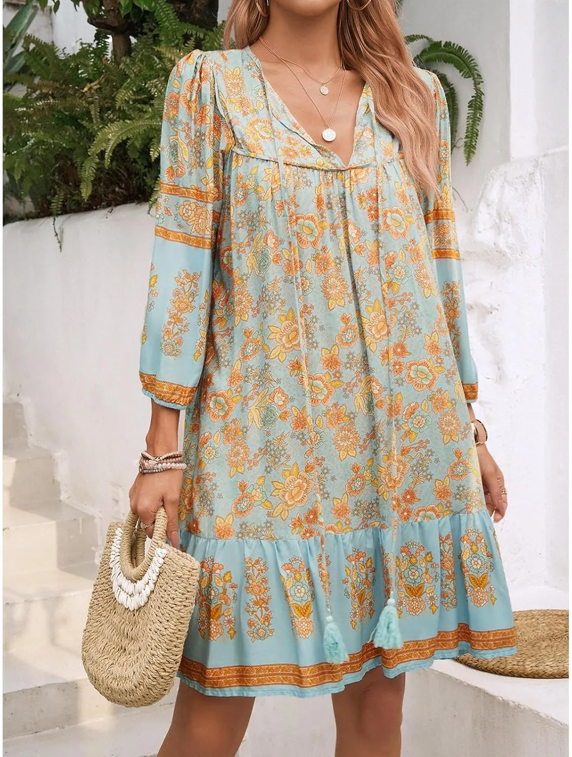 Women's Casual Spring Summer Dresses V Neck 3/4 Long Sleeve Ruffle Floral Flowy Boho Babydoll Mini Short Beach Dress