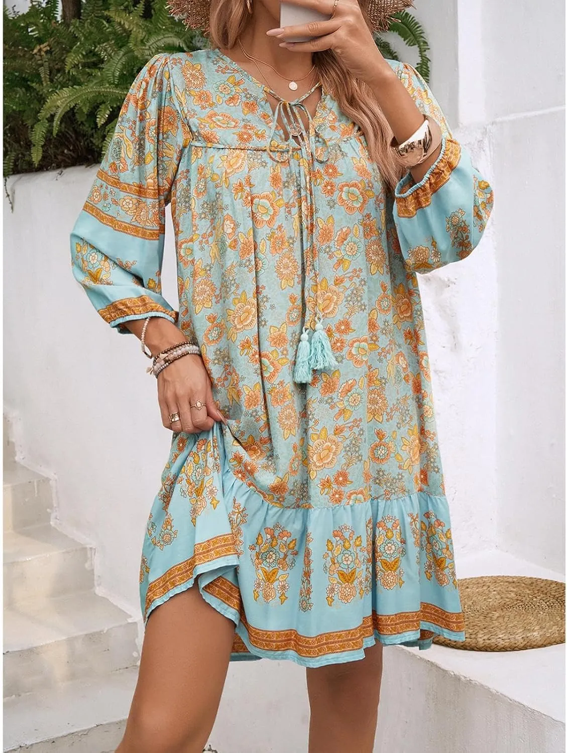 Women's Casual Spring Summer Dresses V Neck 3/4 Long Sleeve Ruffle Floral Flowy Boho Babydoll Mini Short Beach Dress
