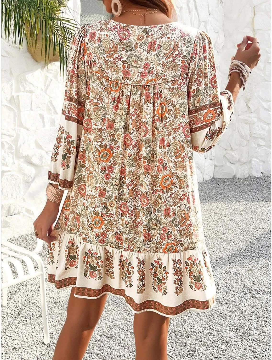 Women's Casual Spring Summer Dresses V Neck 3/4 Long Sleeve Ruffle Floral Flowy Boho Babydoll Mini Short Beach Dress