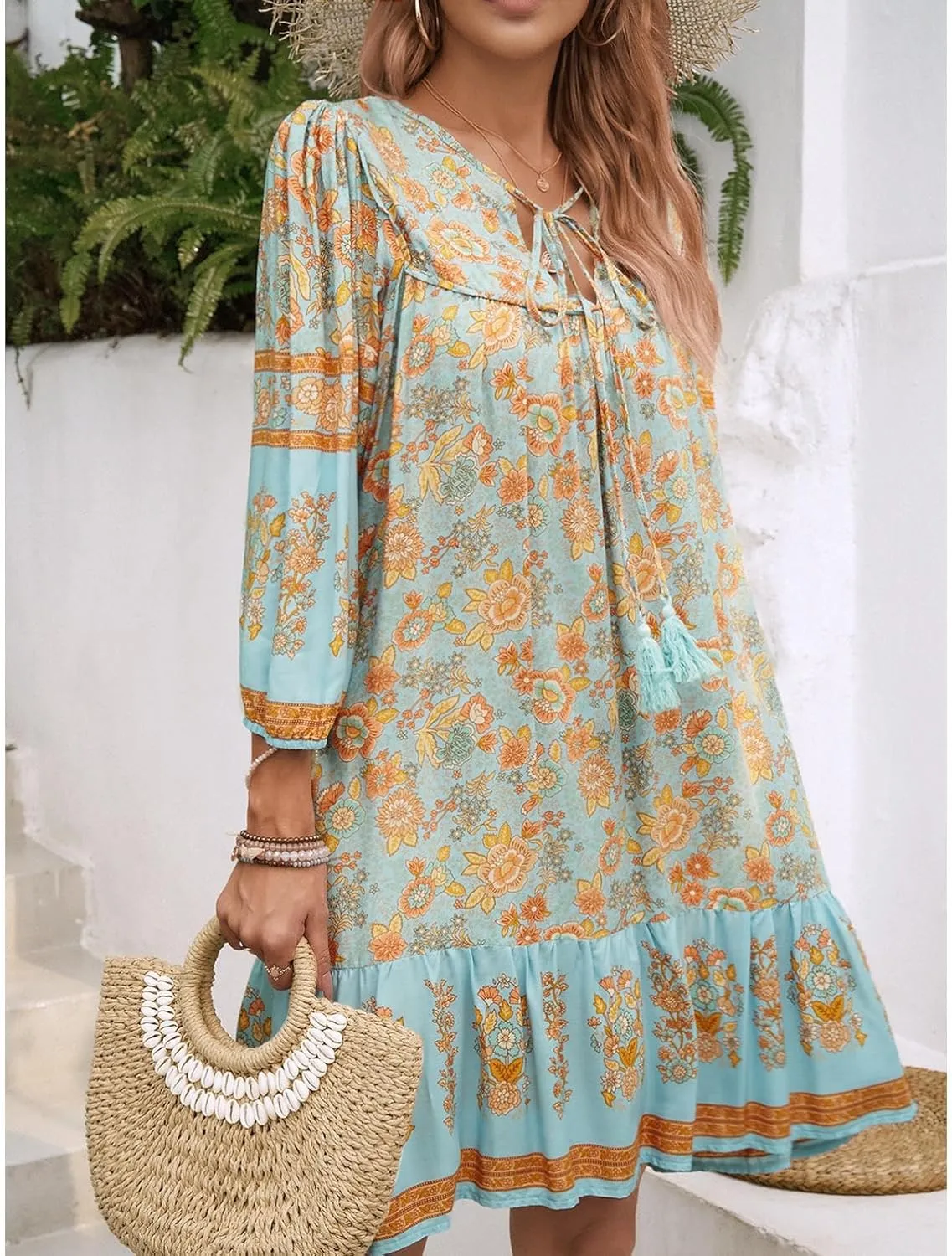 Women's Casual Spring Summer Dresses V Neck 3/4 Long Sleeve Ruffle Floral Flowy Boho Babydoll Mini Short Beach Dress