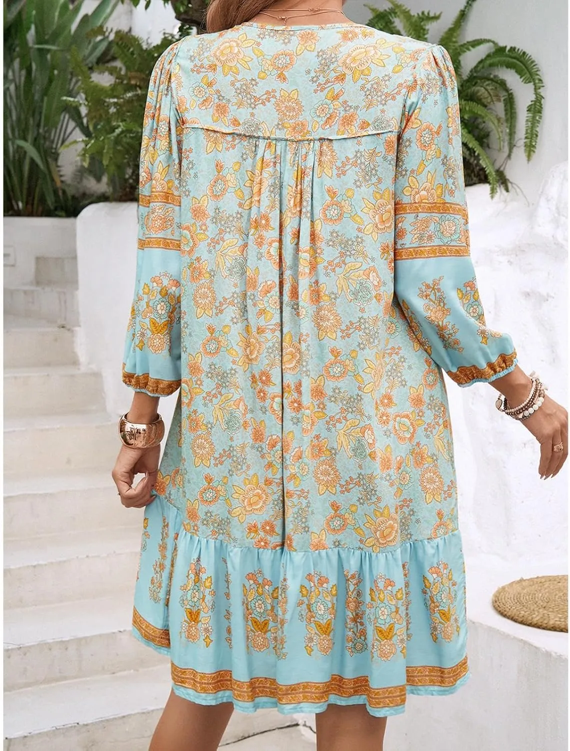 Women's Casual Spring Summer Dresses V Neck 3/4 Long Sleeve Ruffle Floral Flowy Boho Babydoll Mini Short Beach Dress