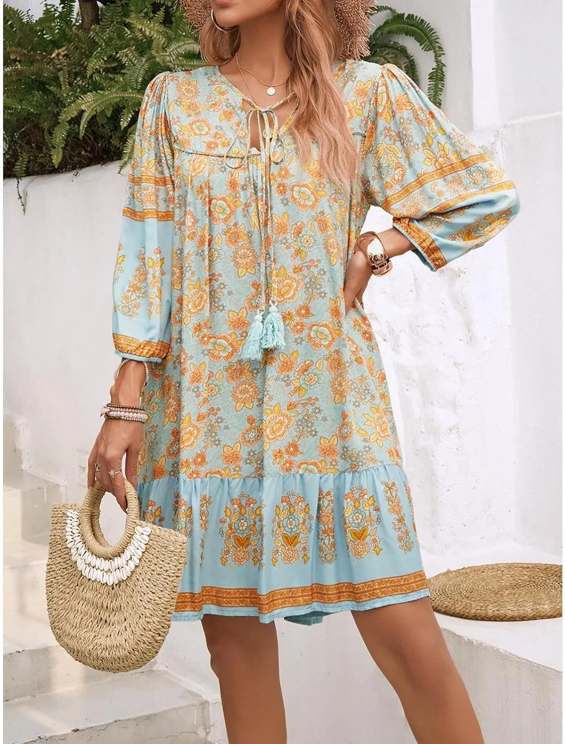 Women's Casual Spring Summer Dresses V Neck 3/4 Long Sleeve Ruffle Floral Flowy Boho Babydoll Mini Short Beach Dress