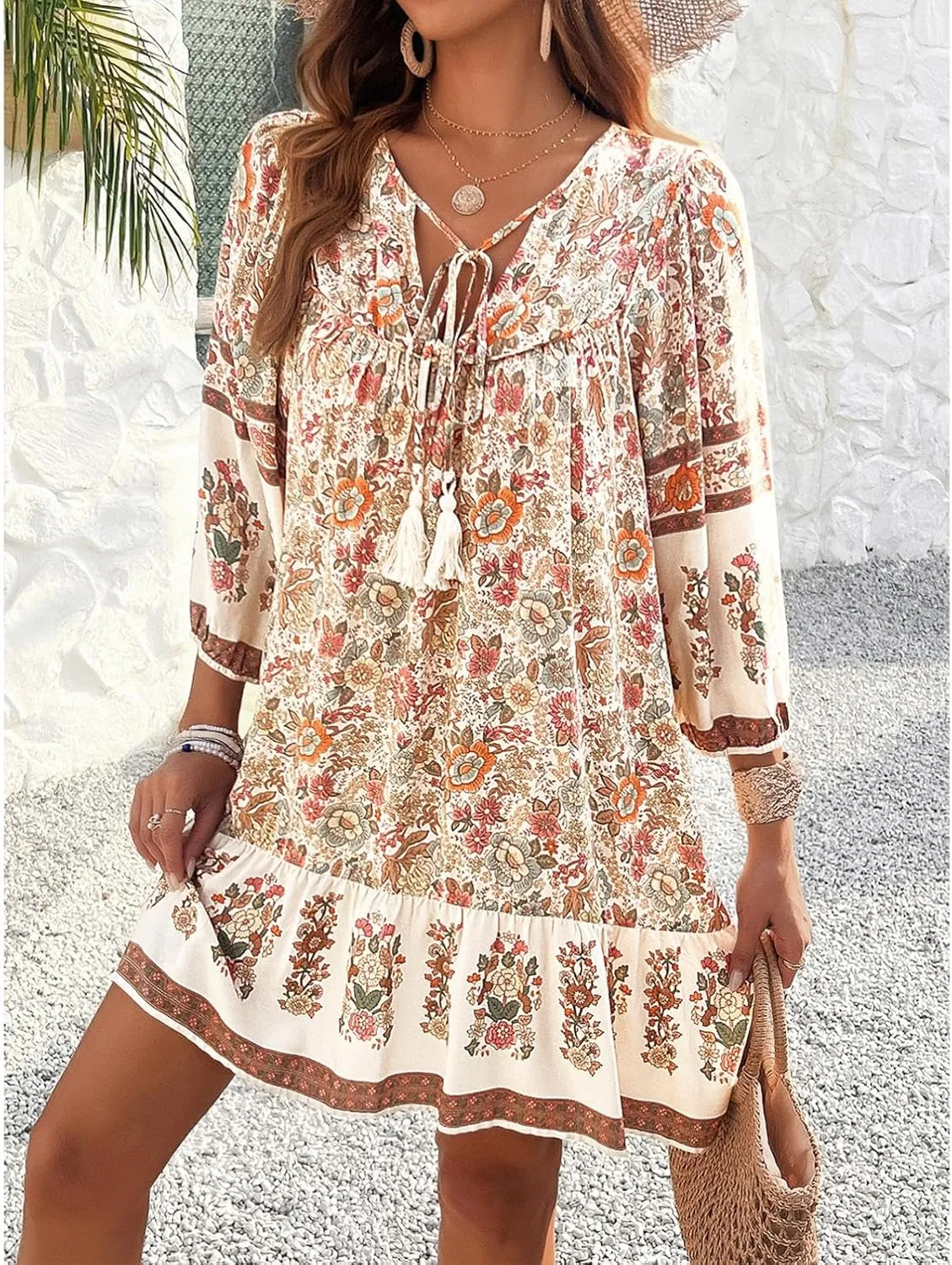 Women's Casual Spring Summer Dresses V Neck 3/4 Long Sleeve Ruffle Floral Flowy Boho Babydoll Mini Short Beach Dress