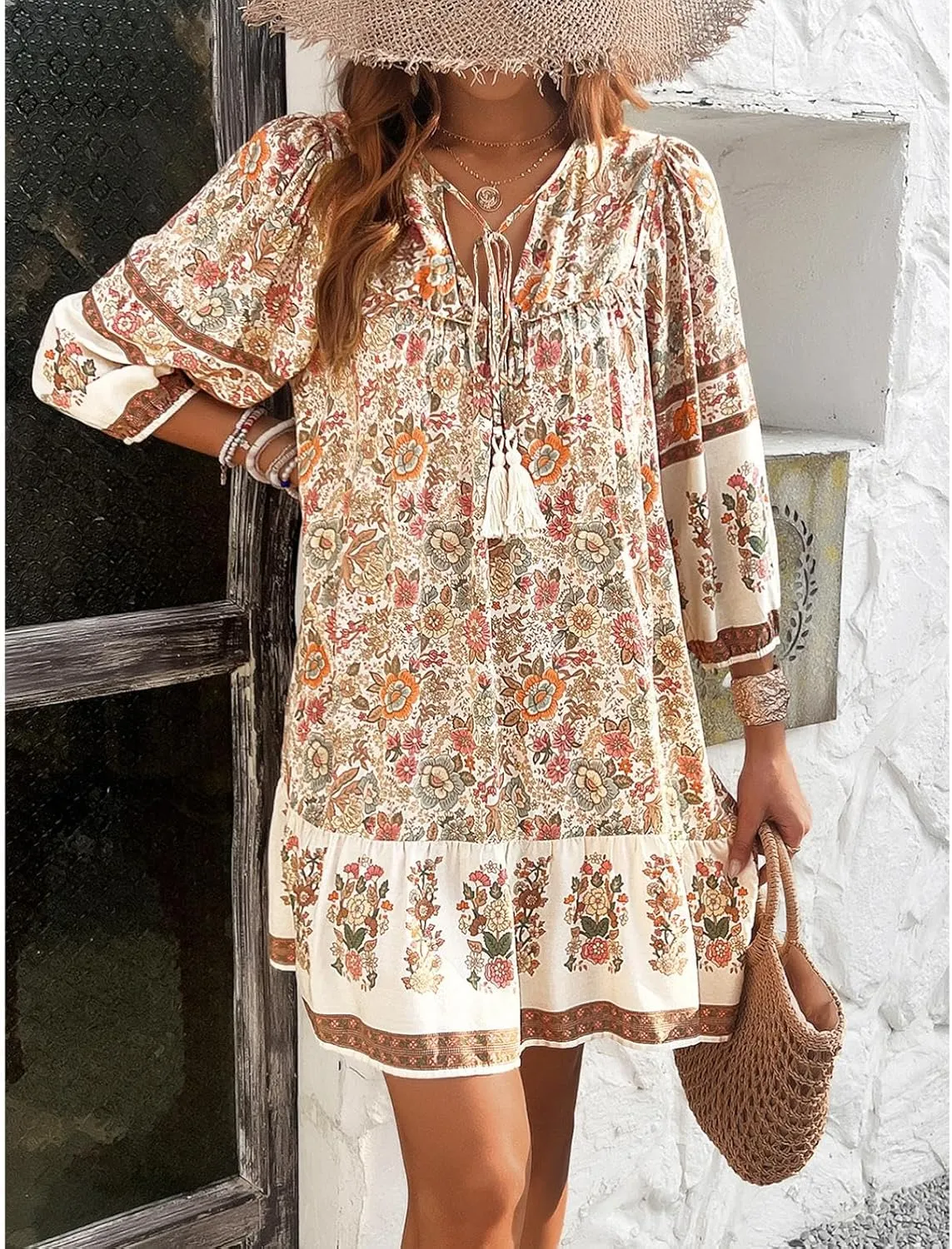 Women's Casual Spring Summer Dresses V Neck 3/4 Long Sleeve Ruffle Floral Flowy Boho Babydoll Mini Short Beach Dress