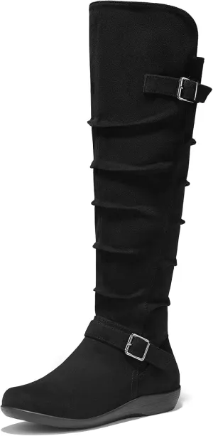 Women's Knee High Slouchy Boots Flat Tall Boots for Women Pull On Fall Boots with Side Zipper
