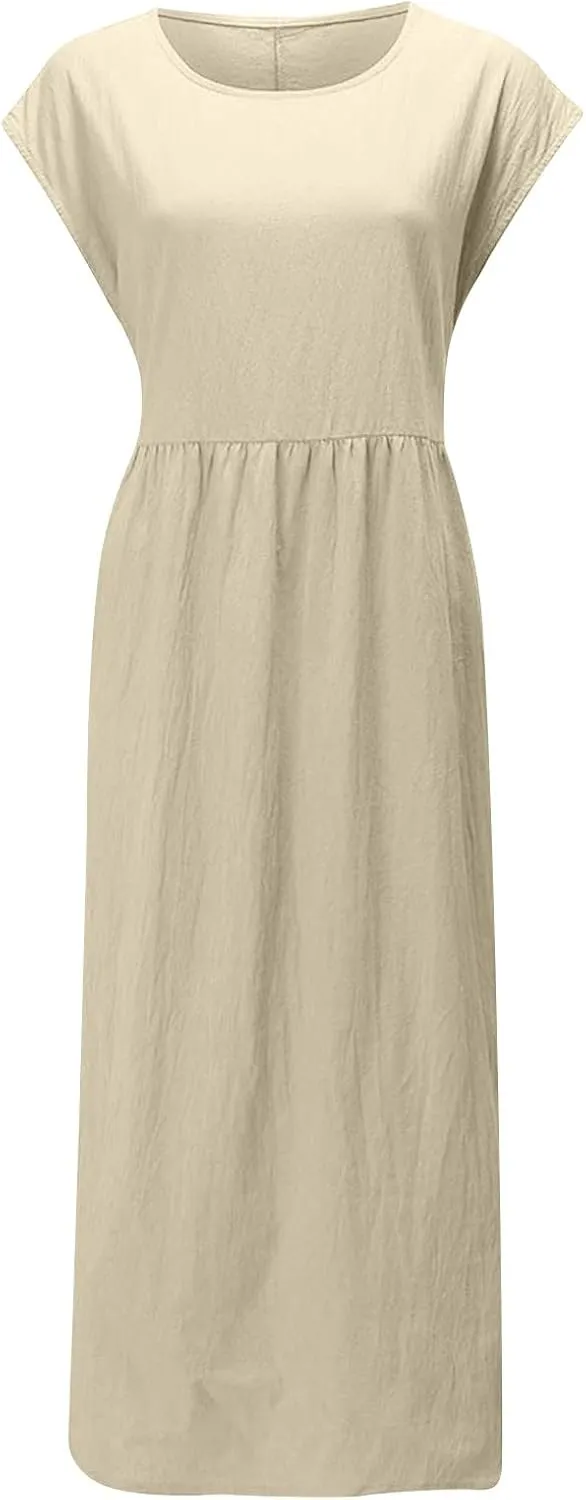 Womens Linen Dresses 2024 Sleeveless Solid Color Crewneck Maxi Dress Slim Fit Tunic Comfy Casual Spring Dresses