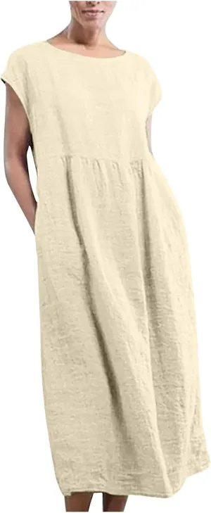 Womens Linen Dresses 2024 Sleeveless Solid Color Crewneck Maxi Dress Slim Fit Tunic Comfy Casual Spring Dresses